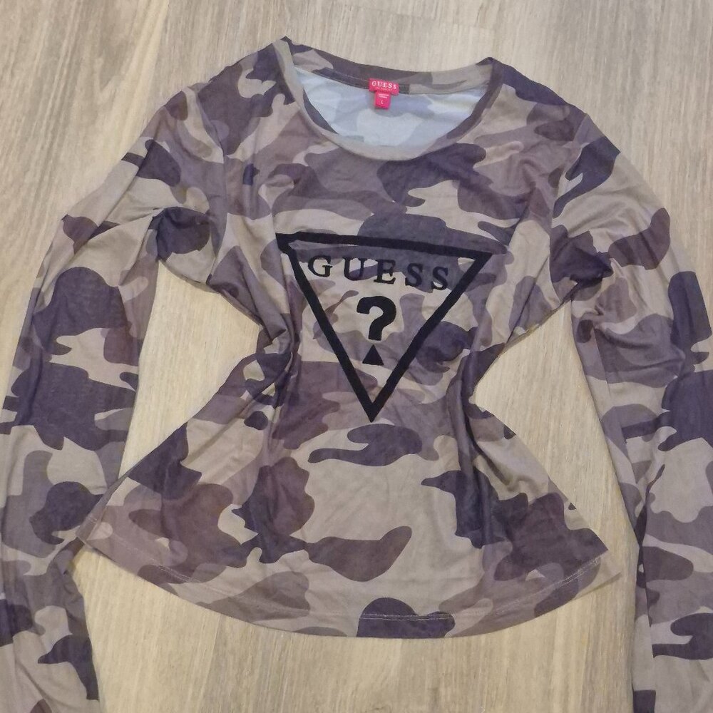 GUESS Camo Mesh Long Sleeve Top Large